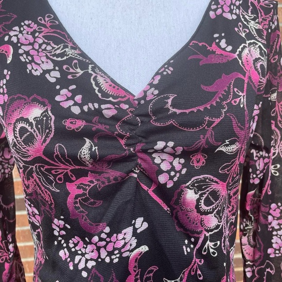 Y2K Wrapper Micro Mesh Fairy Black Pink Flower Long Sleeve Top - Picture 3 of 8